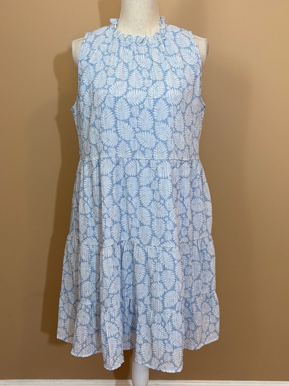 LOFT Medium Blue White Leaf Print Sleeveless Tiered Swing Dress